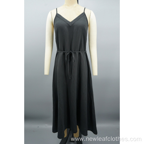 black Sexy V-neck Sleeveless Drawstring Slip Dress